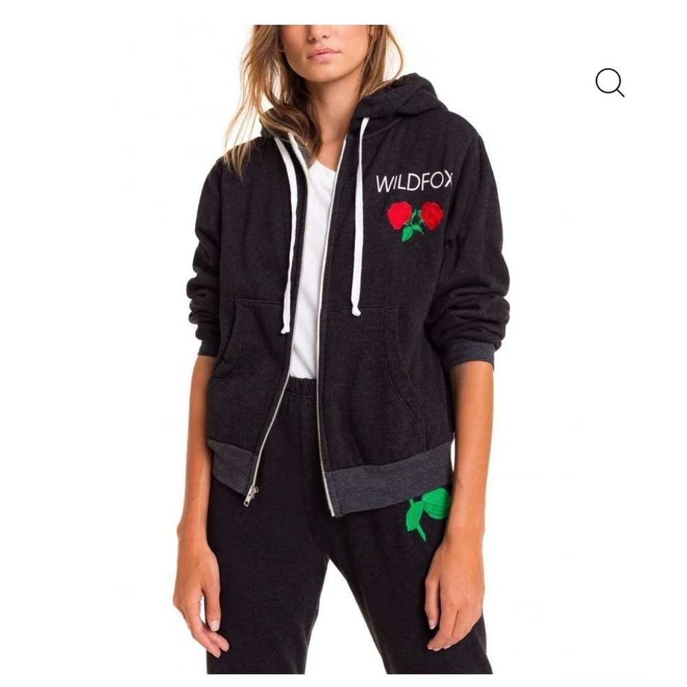 Wildfox Charcoal Hoodie with Red Rose Detail